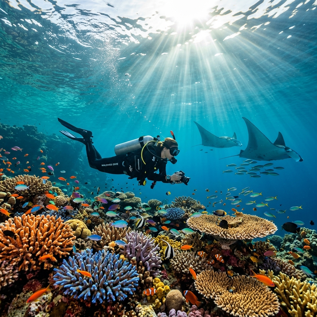 Scuba diver exploring vibrant coral reefs in Baa Atoll Maldives with manta rays